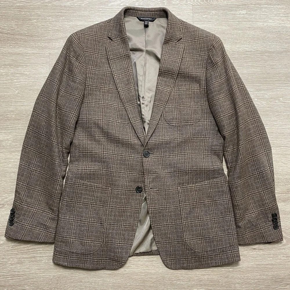 Banana Republic Glen Plaid Blazer Men's 38R Slim Fit Brown Cotton T.B.M. Fabric